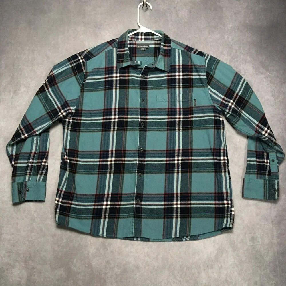 Eddie Bauer Mens Plaid Flannel Shirt size XXL Long Sleeve Button Up Pocket Blue